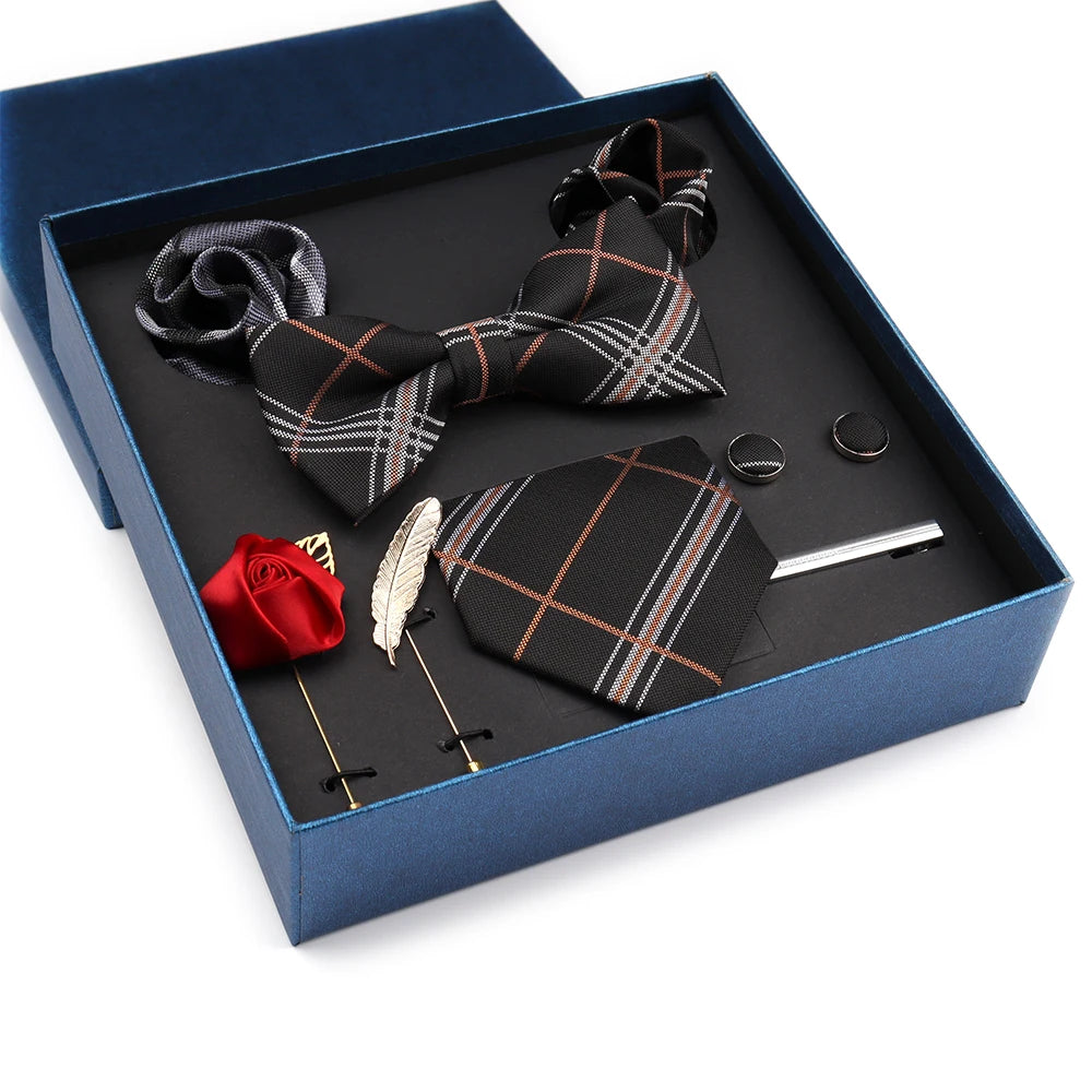 Classic Men Necktie Set Plaid Men Ties Set Box Blue Neck Tie and Cufflinks With Handkerchief Lapel Pins Set for Man