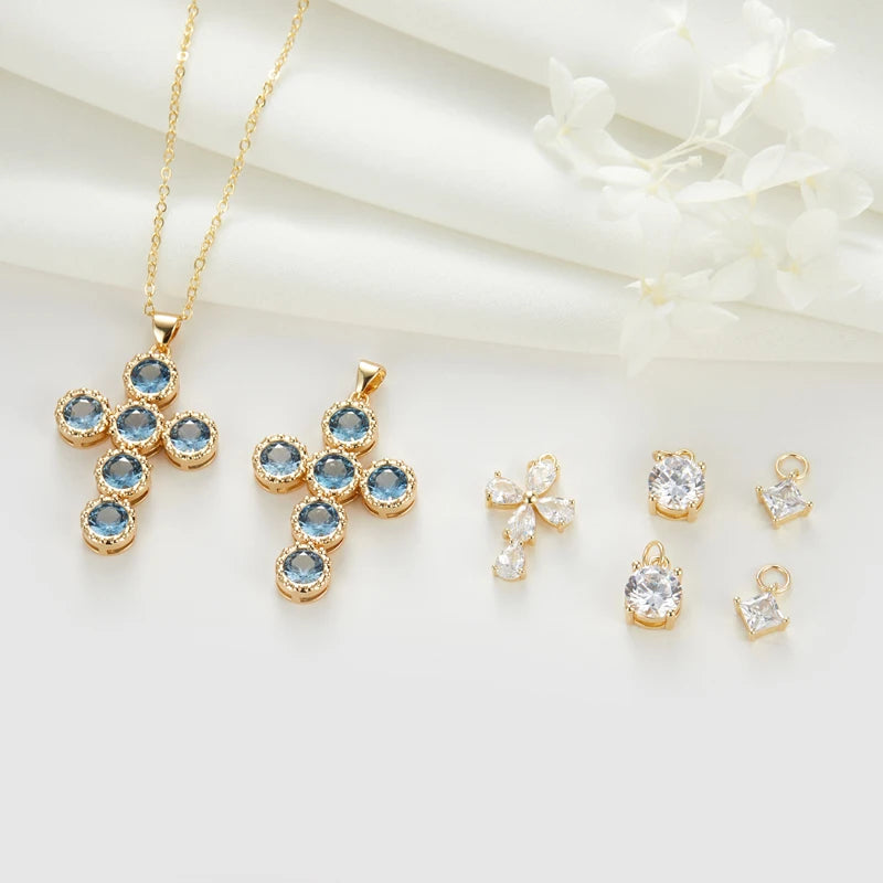 14K Gold Plated Cubic Zirconia Diamond Cross Pendant Charms for Jewelry Making