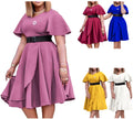 C8627 Trendy Career Dresses Women Casual Summer A-line Flare Sleeve Ladies Office Dresses Elegant Africa Dresses With Belt