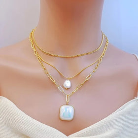 No Fade Snake Bone Chain Irregular Pearl Necklace Earring Stainless Steel Multi Layer Pearl Pendant Necklace