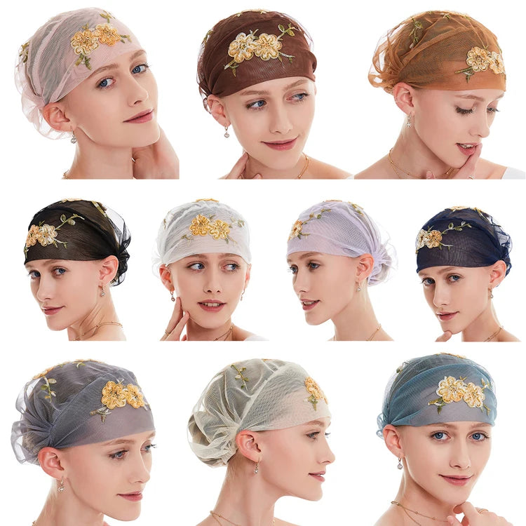 Internet Hot Sale Ladies Lace Mesh Floral Embroidered Small Hat Muslim Women Girls Hijab Inner Cap Beauty Bonnet Turban Headwear