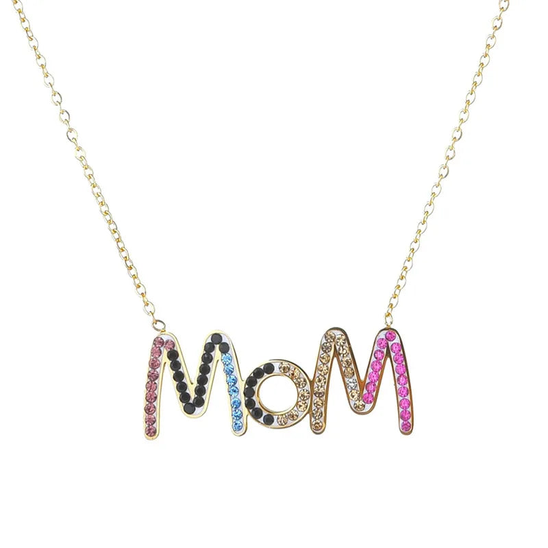 Trendy Fine Jewelry MOM Necklaces Pave Rhinestone Diamond Colorful Stainless Steel Pendant Necklace Gifts