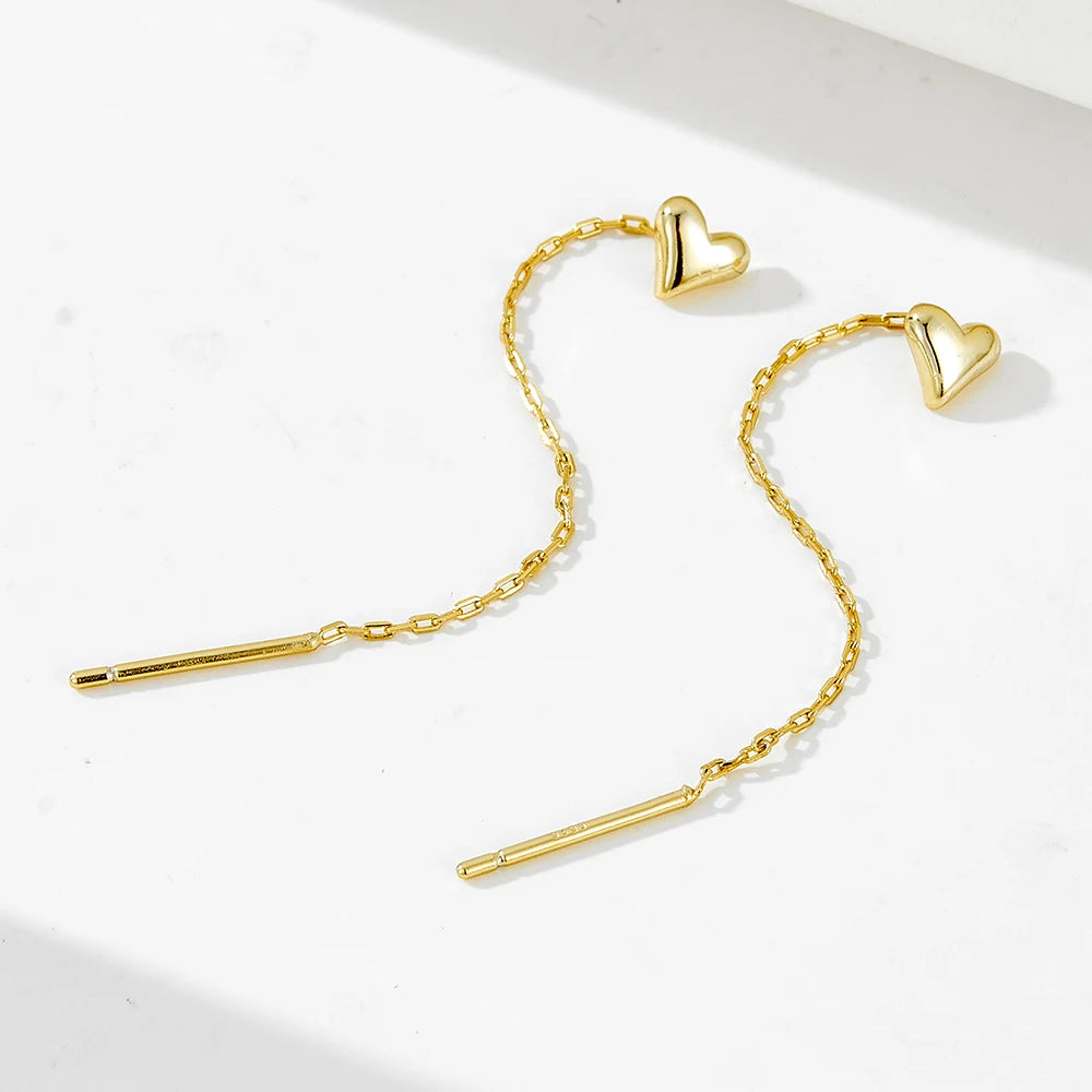 INS Fashion S925 Sterling Silver Gold Plated Long Heart Chain Threader Tassel Earrings Jewelry for Women