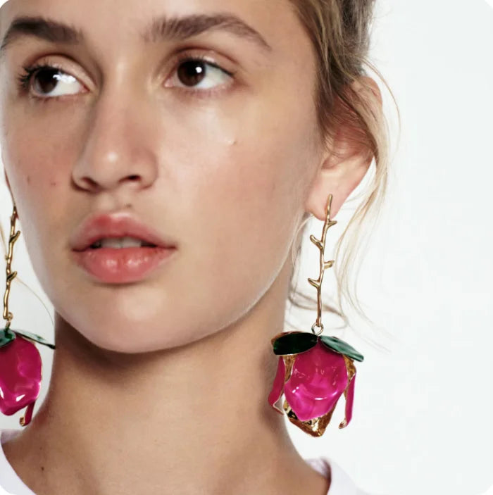 Charm ZA Meal Enameled Flower Dangle Earrings for Women Romantic Alloy Drip Oil Floral Hanging Earring Party Jewelry