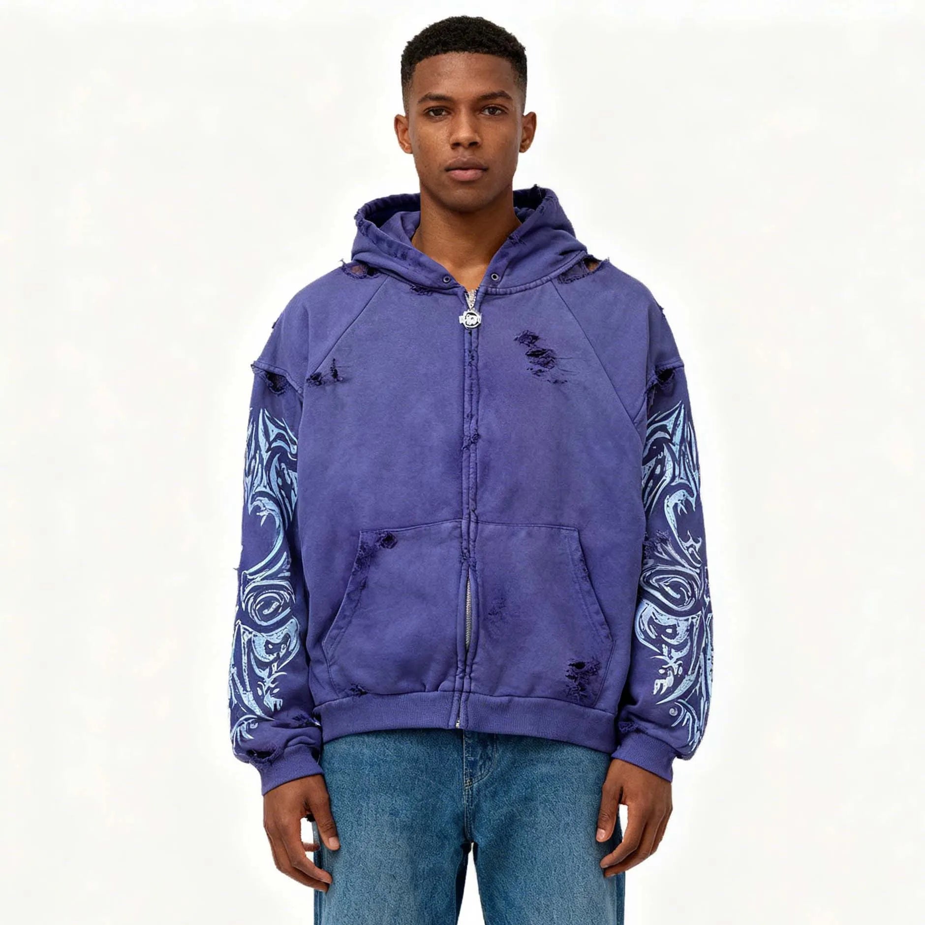 Custom Heavyweight Cropped Printed Vintage Zip up American Design Hoodie Streetwear Pocket Drop Shoulder Cotton Sudaderas Hombre