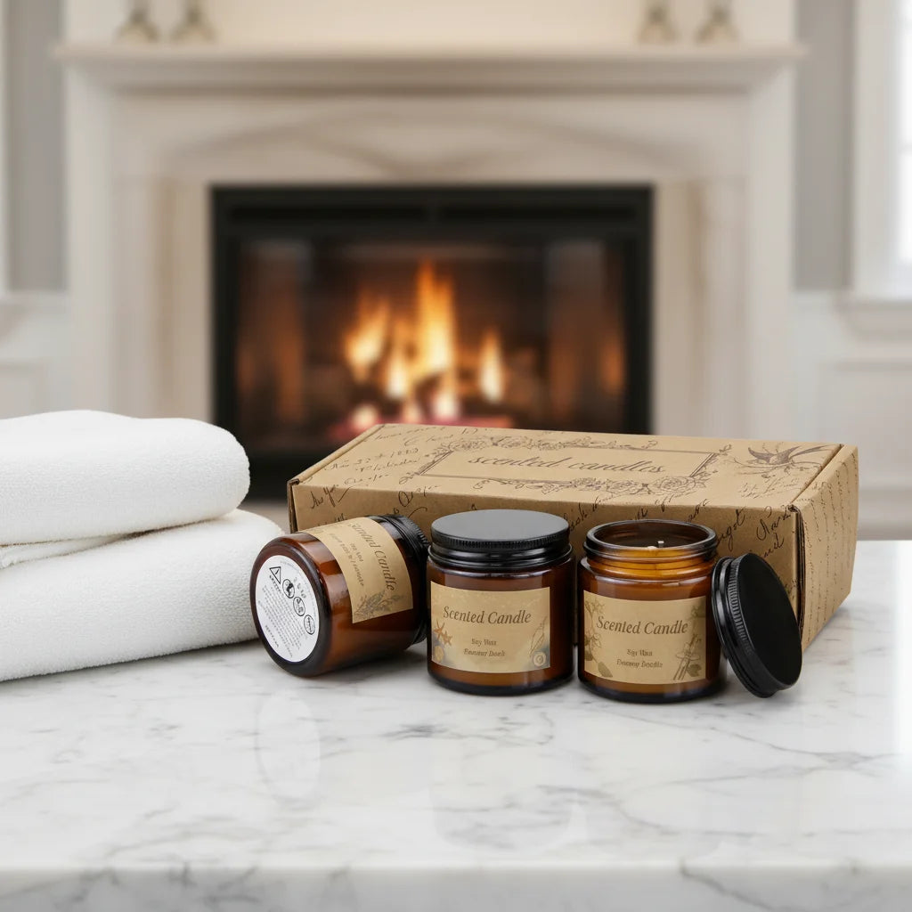 Luxurious 3-Piece Soy Wax Candle Set with Brown Glass Jars & Kraft Gift Box-Fruity Scent Handmade for Diwali