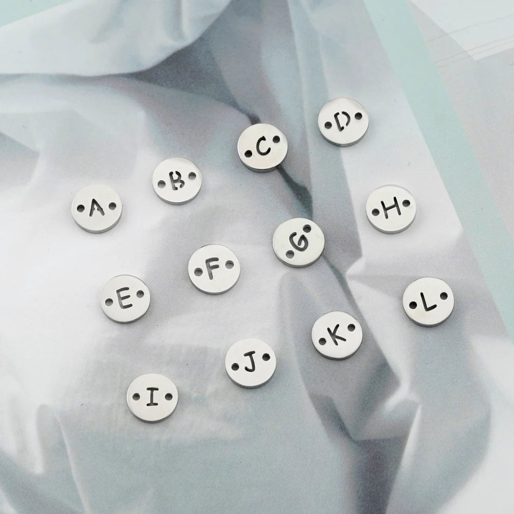 8.5mm Stainless Steel Round Shape Gold Silver Double Hole 26 Alphabet Letter Charms DIY Bracelet Necklace for Children's Jewelry