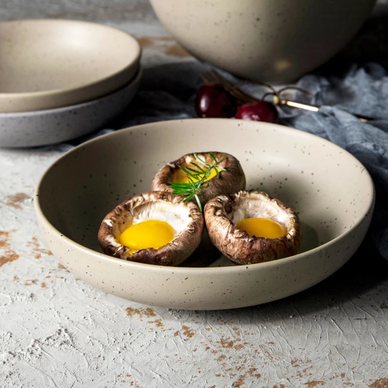 Ceramic Round Deep Dish with Black Speckles - Khaki & Grey Stoneware Bakeware