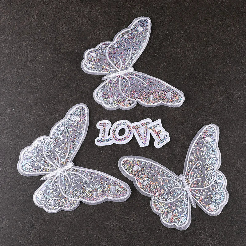 Wholesale Embroidered Big Size Transparent Color Butterfly Love Shape Iron-On Sequin Patches for Woman Jeans and Hats