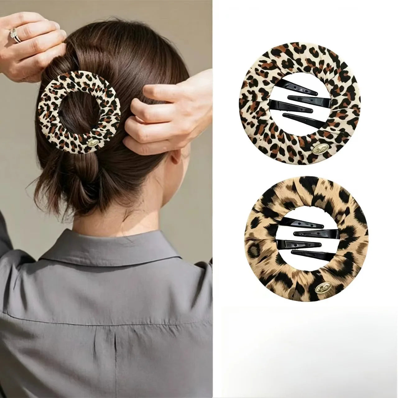 Leopard Print Yoga Flat Hair Bun Clip Non-slip Lazy Hair Maker Sport Updo Hairpin for Women Gym & Daily