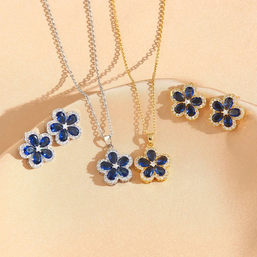 High Quality Competitive Price Blue Zircon Crystal Flower Necklace Earring Women 14K Gold Plated Jewelry Set