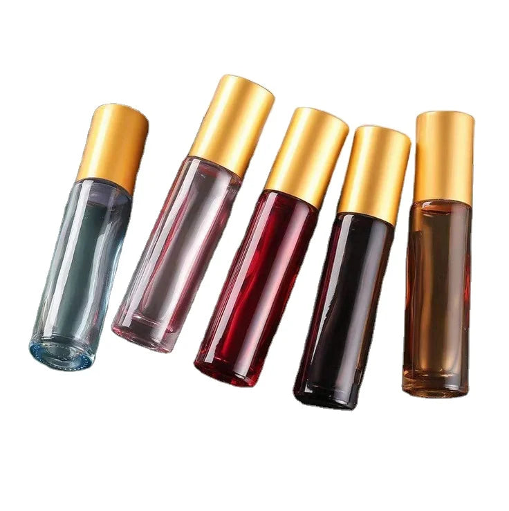 Portable 10ml Smooth Surface Clear & Colorful Glass Roller Bottles for Essential Oils with Screw Cap Custom Logo Cosmetic Use