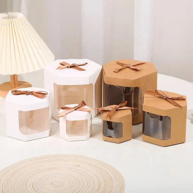 Becan Hexagon Window Candy Box Wedding Favors Paper Gift Boxes With Ribbon