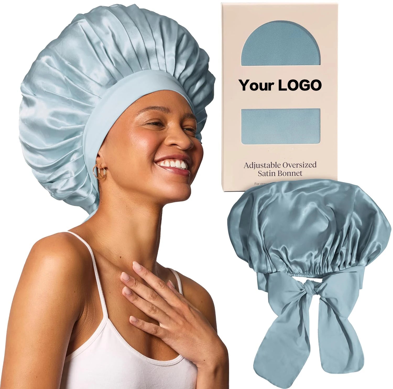 Custom Logo Single Layer Satin Silk Bonnet with Adjustable Elastic Tie Band for Sleeping Women Curly Natural Hair