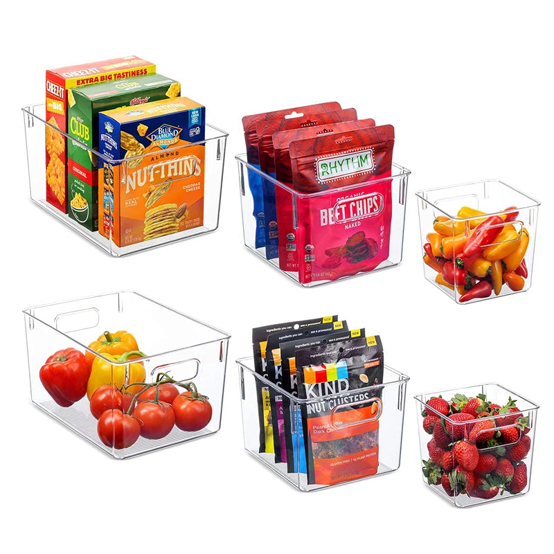 Clear Pantry Organizer Bins Household Plastic Food Storage Basket with Cutout Handles