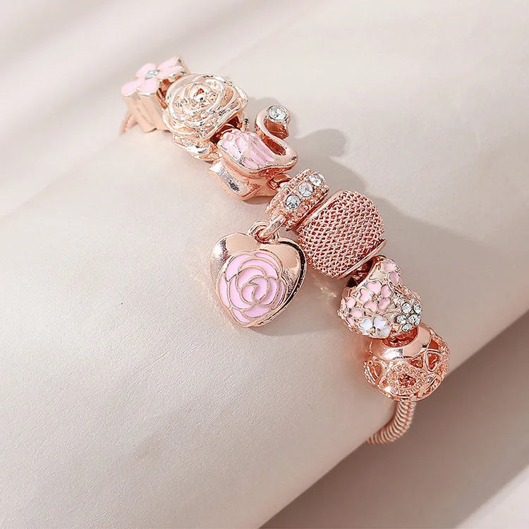 Fashion Stainless Steel Charm Bead Crystal Flower Heart Bracelets Bangles Punk Rose Gold Zirconia Bracelet for Women Jewelry