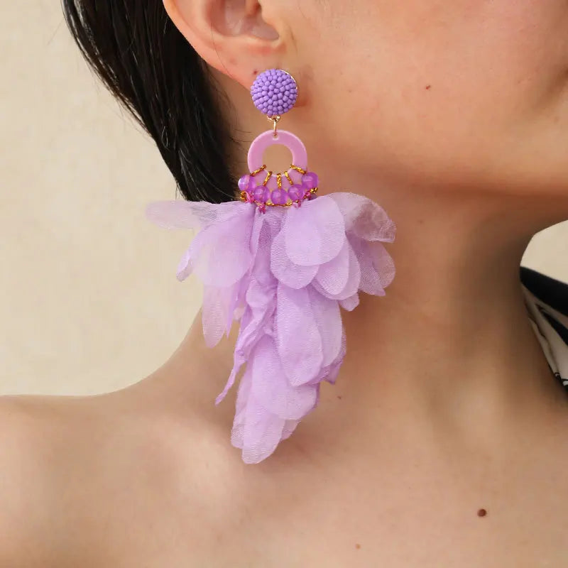 Handmade Fabric Flower Dangle Earrings for Women European American Cross-Border Fashion Exaggerated Long Wholesale Earrings