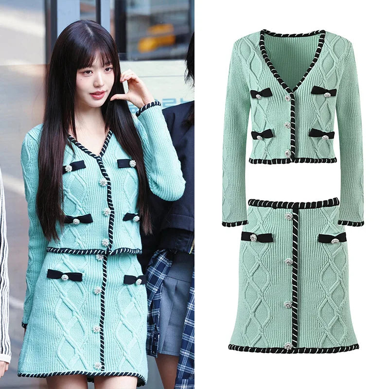 2025 New Arrivals Autumn Knitted Cardigan Women's Knit Clothing Mint Green Knitted Sweater Top With A-line Skirt Women's Suit