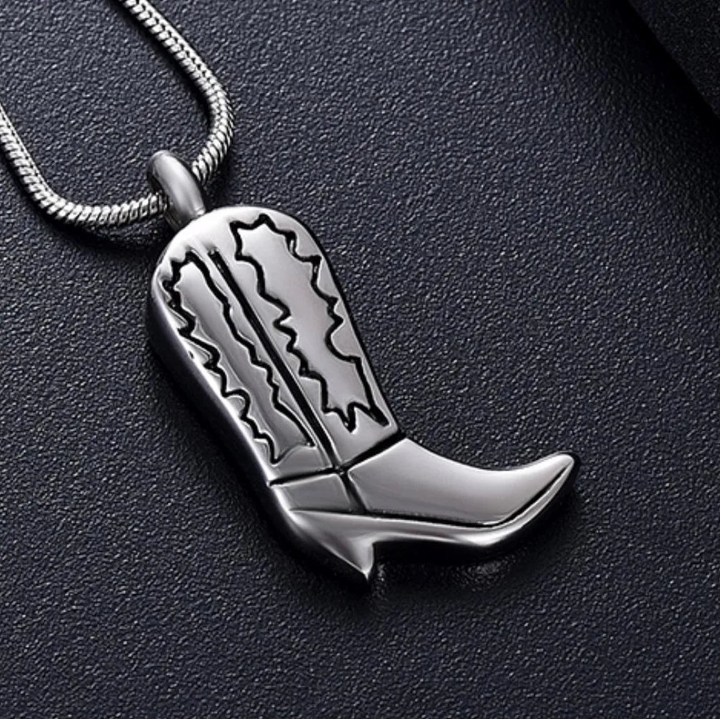 Vintage Cowboy Boot Ash Urn Necklace Stainless Steel Silver Plated Cremation Jewelry Pendant Keepsake