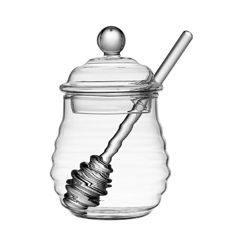 Wholesale 280ml 300ml 400ml 500ml Clear High Borosilicate Glass Honey Jar With Glass Stir Stick Honey Bottle Syrup Storage Jar