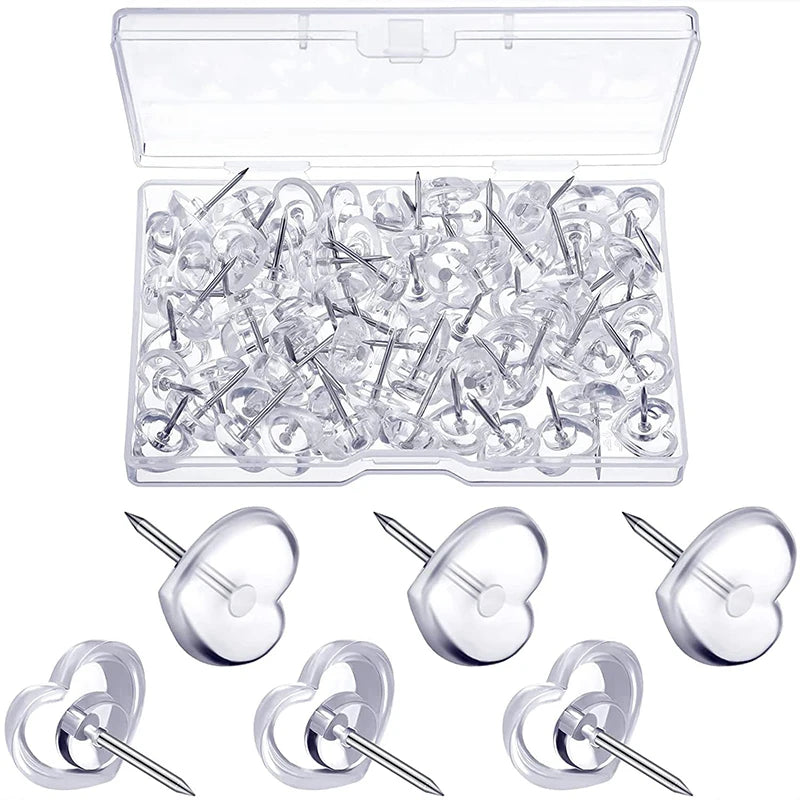 100pcs/box Mixed Colors Clear Heart Shaped Pushpins Plastic Thumb Tacks Transparent Cute Drawing Decorative Thumbtack