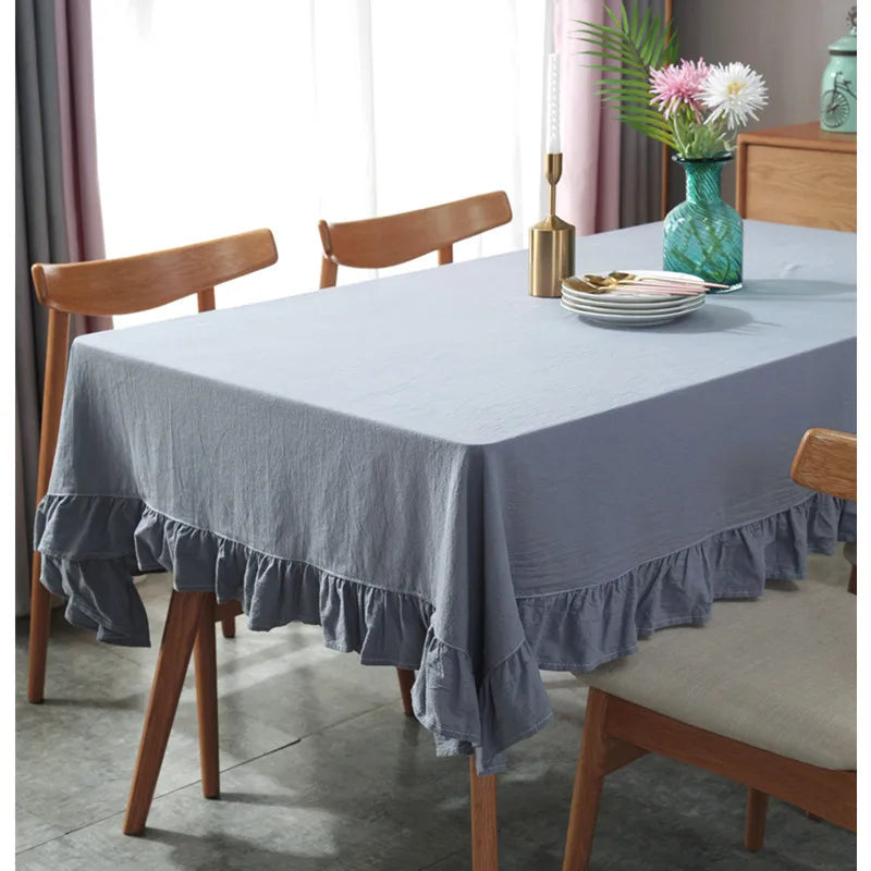 European Style Simple Cotton Linen Tablecloth with Lotus Edge Square Polyester Fabric Woven Technics Home Party Dining Table Use
