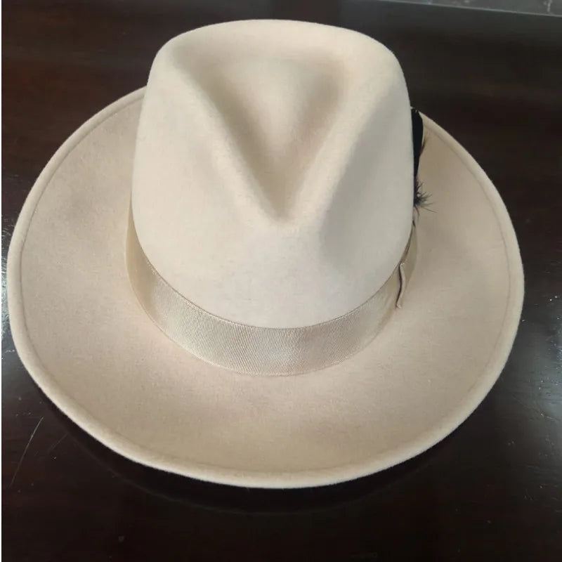 H628B Unisex Wool Fedora Hat Ribbon Feather Jazz Cap Custom Casual Outdoor Felt Four Seasons Homburg Hat