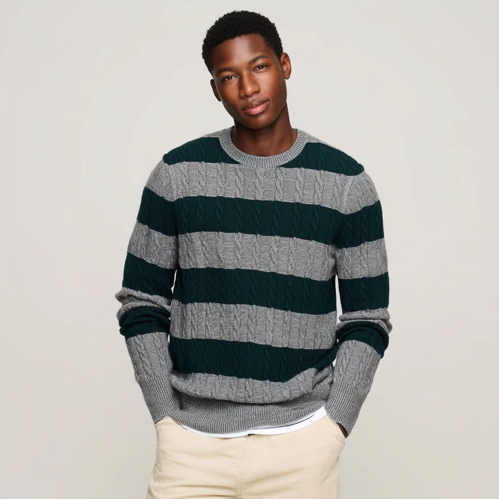 2026 Men's Striped Cable Knit Sweater Cotton Blend Long Sleeve Crew Neck Block Stripe Pullover Jumper
