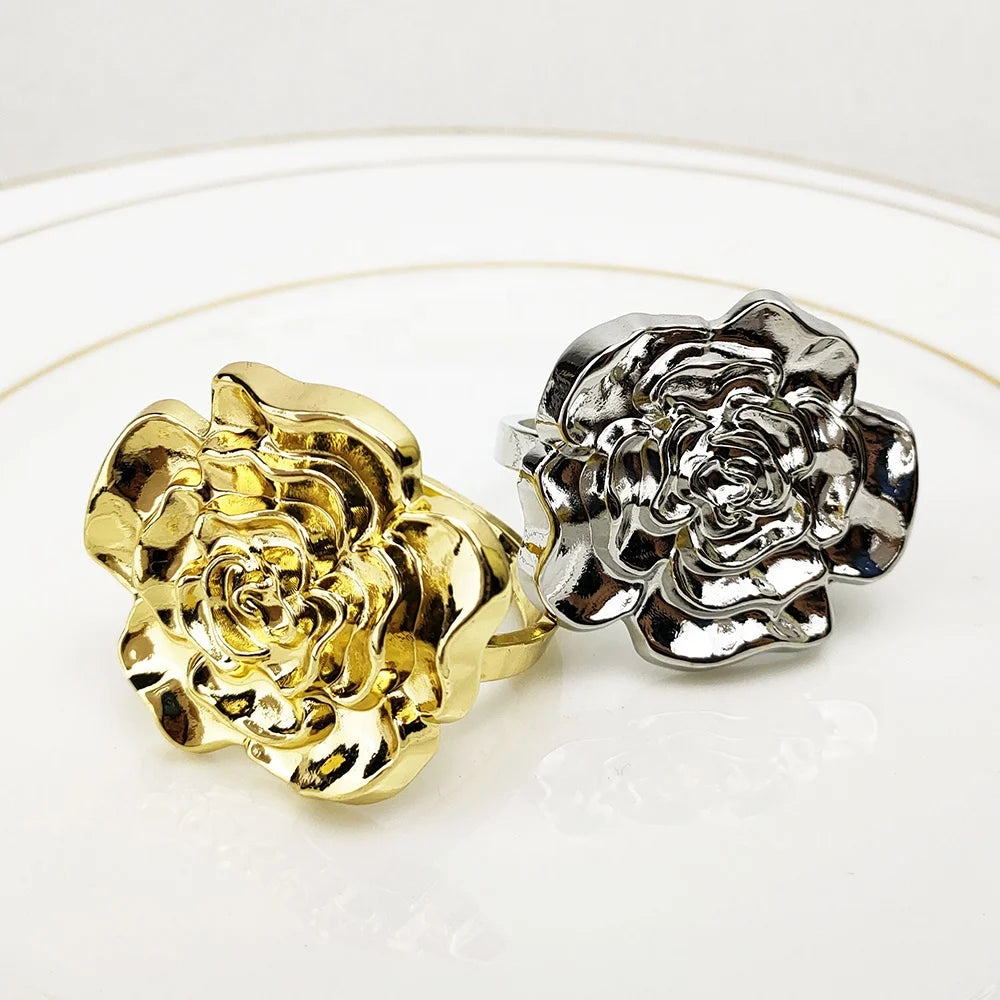 New Stocked Metal Eco-Friendly Zinc Alloy Flower Napkin Ring Rose Design Back to School Napkin Holder