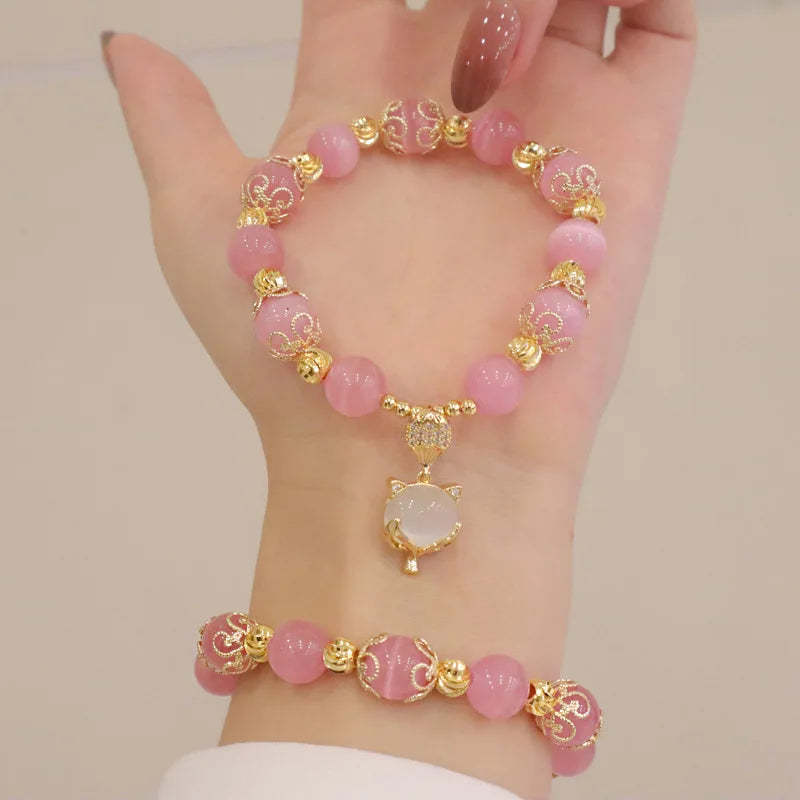 GT Female Vintage Yogic Boho Pink Opal Beaded Bracelet Trendy Natural Stone Fox Pendant Gold Plated Brass Jewelry