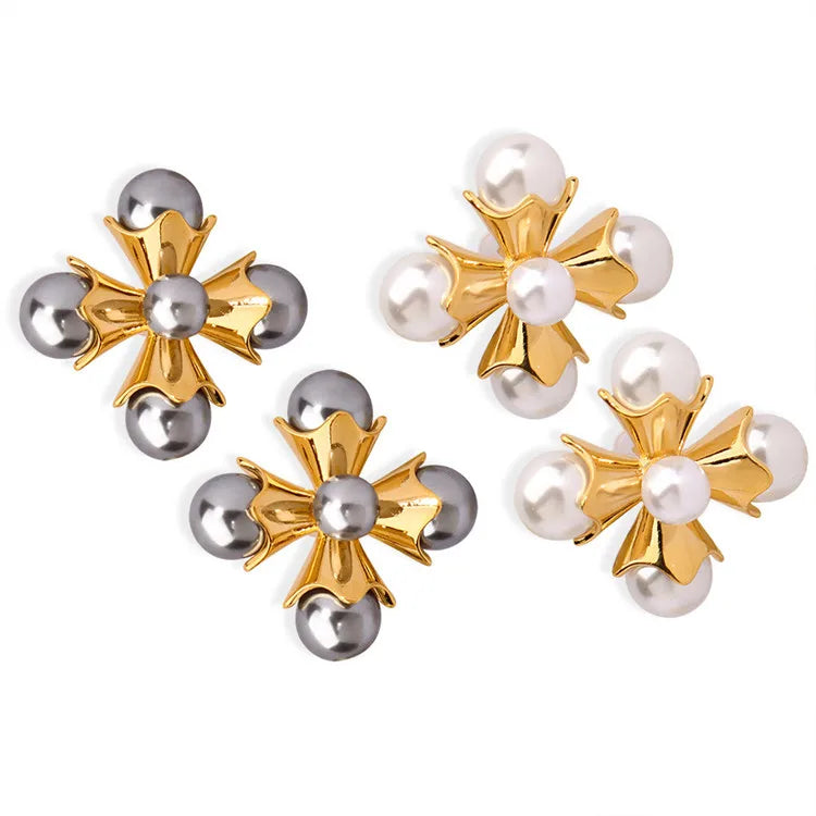 SP Popular Jewelry Stainless Steel 18k Gold Plated Cross Shape Pearl Stud Earrings for Women