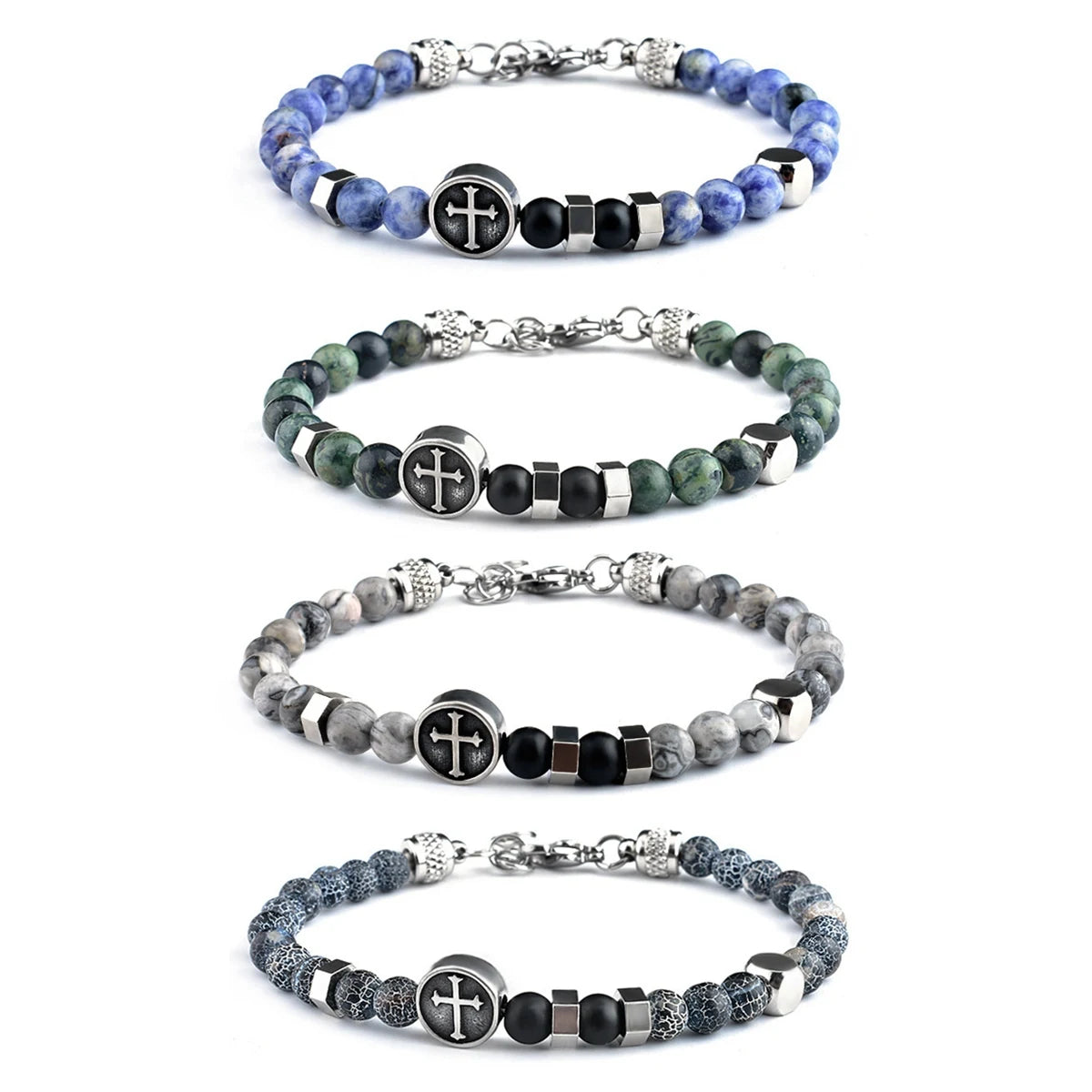 Wholesale Fashion 6mm Various Natural Gemstone Stainless Steel Chain Cross Pendant Bracelet Charm Women Men Gifts