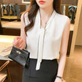 New Style Elegant Bow-neck Sleeveless Blouses Fashion Solid White Black Blouse Ladies Office Shirt 6050#