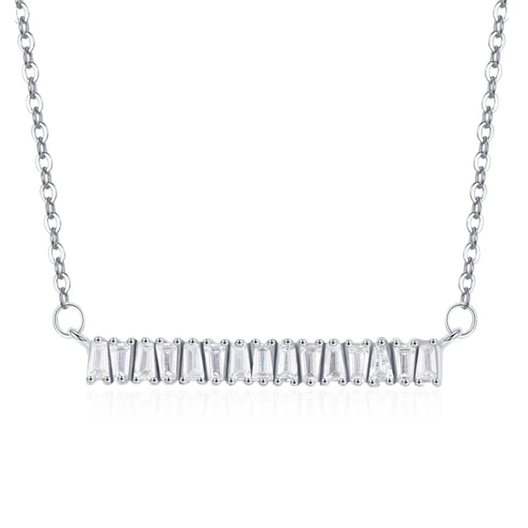 Fashion Women Jewelry 925 Sterling Silver Clustered Row CZ Diamond Bar Pendant Necklace