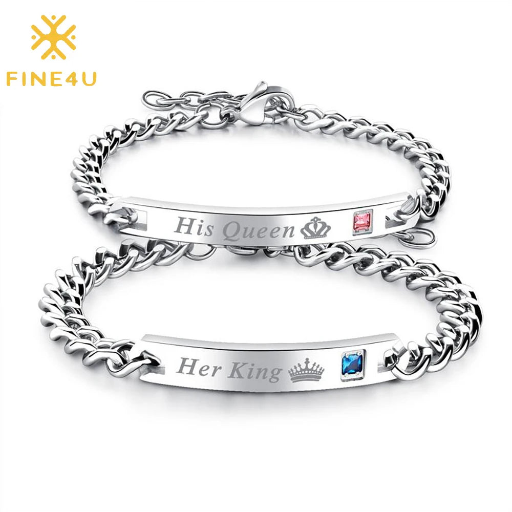 Valentines Day Gift Pulseras Parejas Cubic Zirconia Engraved bar Stainless Steel Her king His Queen Couple Bracelet Set