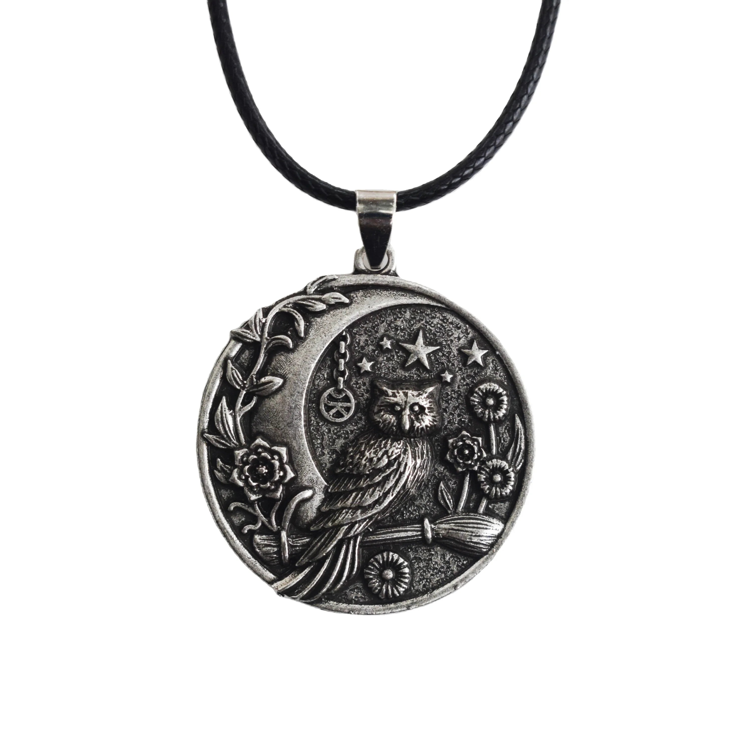 Vintage Wizard Broom Star Moon Flower Owl Pendant Necklace for Men and Women Gothic Party Gift
