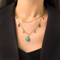 Fade Resistant Gold Plated Natural Blue Turquoise Pendant Necklace Stainless Steel Paper Clip Chain Evil Eyes Necklace