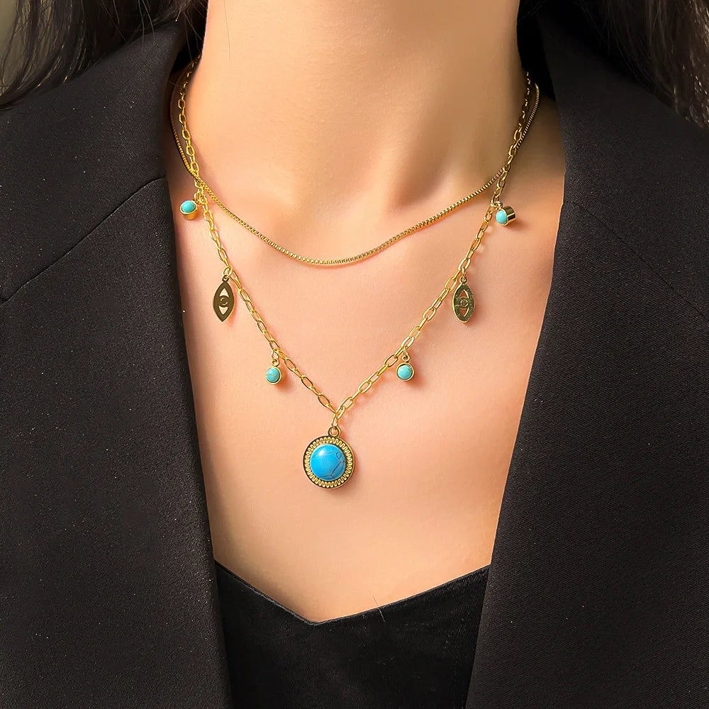 Fade Resistant Gold Plated Natural Blue Turquoise Pendant Necklace Stainless Steel Paper Clip Chain Evil Eyes Necklace