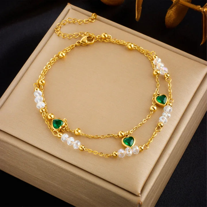 Fashion Creative Double Beaded Green Heart Stainless Steel Anklets for Women Girls