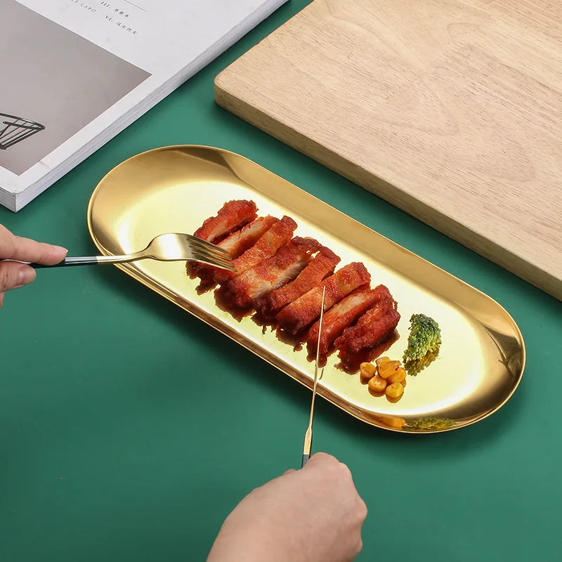 Gold Stainless Steel Tray Restaurant Hotel Serving Tray Metal Jewelry Fruit Sushi Cake BBQ Snack Plateau