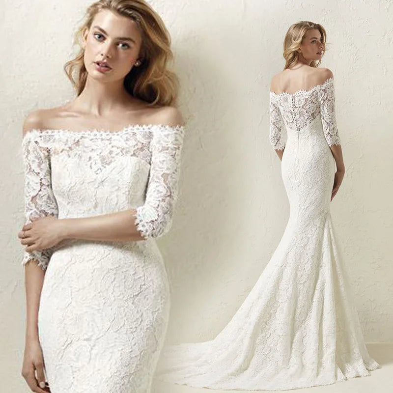New Bride Wedding Dress A-Line Silhouette with Embroidered Fishtail Lace Wrap Lace-up Back Design Anti-Static