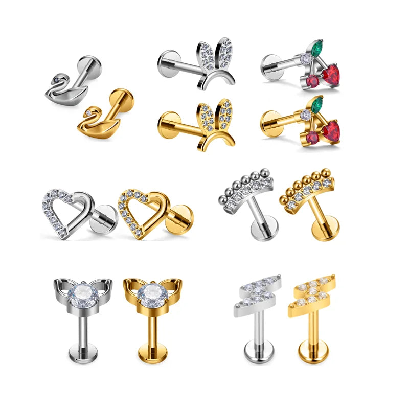ASTM F136 Titanium Piercing Nose Stud CZ Inlay 16G 18K Gold Plated Punk Style Labret Ear Tragus Helix Cartilage Wedding Body