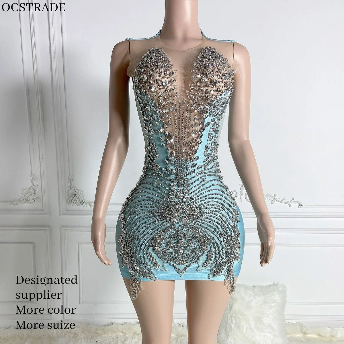 Ocstrade Luxury Light Blue Club Dress With Flower Rhinestone Bodice Applique Party Dresses Women Evening Elegance Light Blue