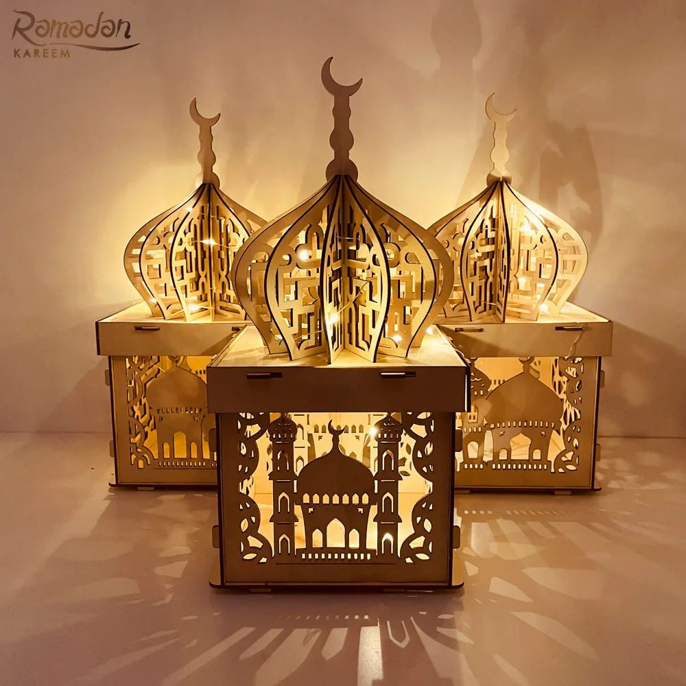 Wholesale Eid Ramadan Moon Star Shape Wood Lantern Candy Box Islamic Muslim Party Home Decor Gift-Personalized Fast Delivery