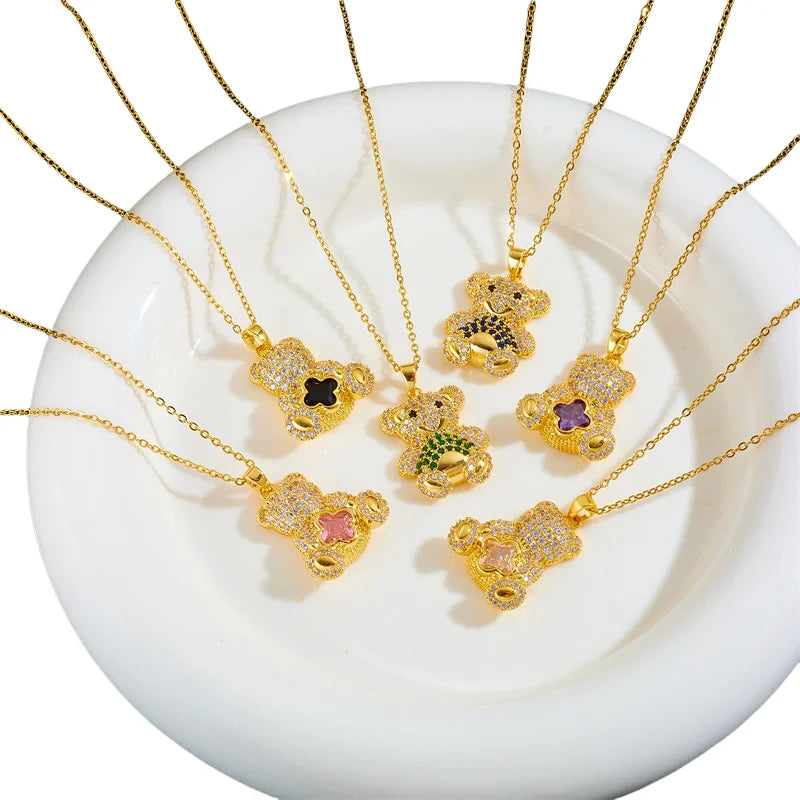Delicate Cute Electrophoretic 18K Gold Bling Pink Cubic Zircon Bear Charm Stainless Steel Chain Iced Out Bear Pendant Necklace