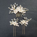 SLBRIDAL Handmade Rhinestone Pearls Ceram Flower Bridal Hair Comb Hair Pin Set Wedding Headpieces Women Jewelry Hair Accessories