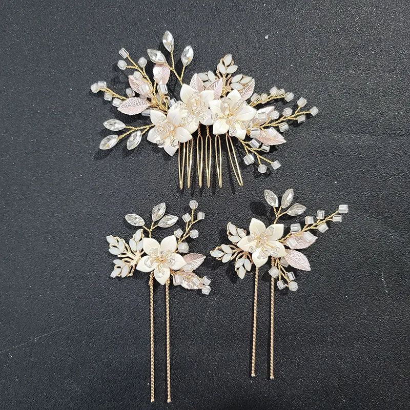 SLBRIDAL Handmade Rhinestone Pearls Ceram Flower Bridal Hair Comb Hair Pin Set Wedding Headpieces Women Jewelry Hair Accessories
