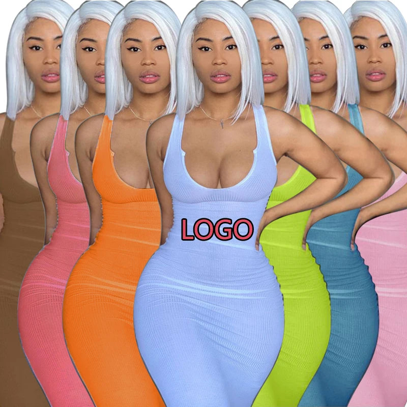 Summer Dress 2022 Custom logo Mini  Womens Dresses Casual Lady Elegant Knitted Maxi Ladies Bodycon Dress