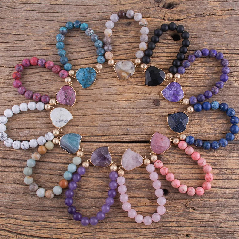 10MM Lover Valentine Holiday Gift Natural Stone Imperial Bracelet Gemstone Elastic Stretch Heart Beads Bracelet