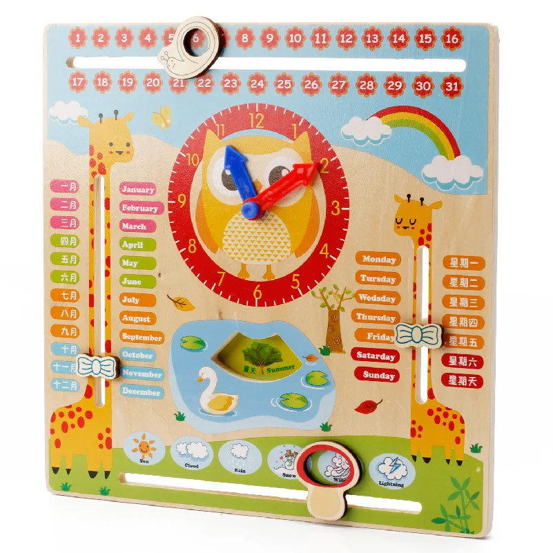 Learning Educational Toys Multi-function Cartoon Wooden Calendar Clock Weather Board Game for Children Wooden Toys for Kids